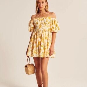 Abercrombie Floral off-The-Shoulder Puff Sleeve Mini Dress Yellow Small Tall